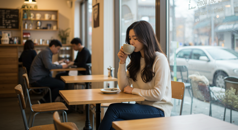 커피숍에서 커피를 마시고 있는 한국인 여성