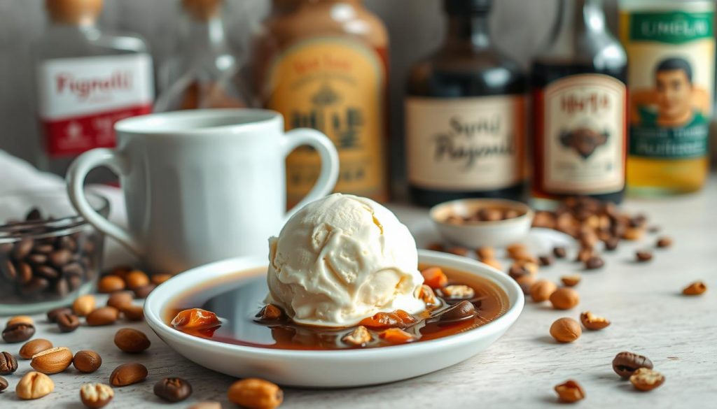 A delicate arrangement of decaffeinated ingredients for a dreamy affogato dessert. In the foreground, a scoop of creamy vanilla ice cream sits atop a pool of rich, espresso-like liquid, surrounded by a sprinkling of crunchy, caramelized nuts. In the middle ground, a steaming mug emits wisps of fragrant steam, while behind it, a selection of Korean ingredients like ground coffee beans and syrup bottles create a cozy, café-like atmosphere. Soft, diffused lighting casts a warm, inviting glow, evoking the comforting flavors of this simple yet indulgent Korean-inspired treat.