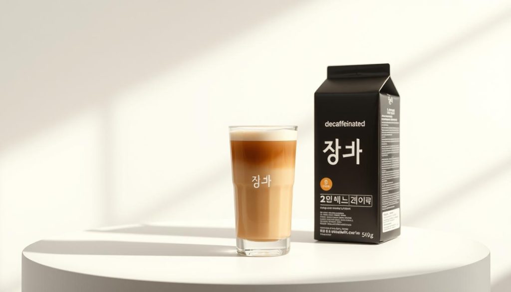 A high-resolution, photorealistic image of a decaffeinated latte product with detailed packaging and labeling information. The product is displayed against a clean, minimalist background with gentle studio lighting creating a soft, inviting atmosphere. The focus is on the latte itself, with the packaging design showcasing the "decaffeinated" claim prominently. The overall aesthetic is modern, appealing, and tailored to a health-conscious Korean audience.