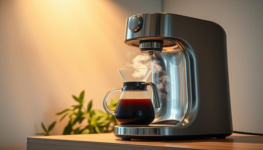 A sleek, stainless steel coffee machine stands on a minimalist wooden counter, its curved lines and shiny exterior reflecting the warm, diffused lighting above. Beams of light illuminate the transparent glass carafe, revealing the rich, dark liquid within - the product of a meticulous decaffeination process. The steam rising from the freshly brewed coffee creates a hazy, atmospheric effect, conveying a sense of relaxation and mindfulness. In the background, a lush, verdant plant adds a touch of nature, complementing the modern, Korean-inspired design aesthetic. The overall scene exudes a soothing, evening ambiance, inviting the viewer to indulge in a rejuvenating cup of low-caffeine, korean-style decaffeinated coffee.