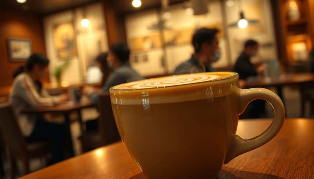 A steaming cup of decaffeinated coffee, its rich aroma and mellow flavor filling the air. The surface gently ripples, reflecting the warm, ambient lighting of a cozy cafe. Slender latte art swirls atop the creamy foam, creating a mesmerizing pattern. In the background, Korean patrons engage in casual conversation, their voices blending with the soft music playing. The scene evokes a sense of relaxation and indulgence, where the pleasures of coffee are savored without the jittery effects of caffeine.