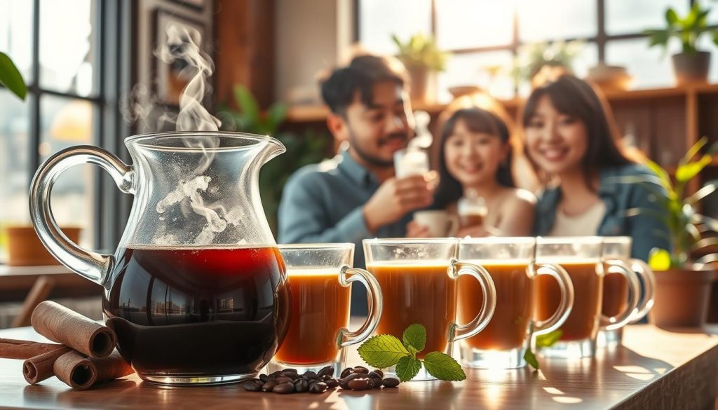 A tranquil coffee shop interior, sunlight filtering through large windows, illuminating a serene display of delicate, steaming mugs of decaffeinated coffee. In the foreground, a glass carafe filled with rich, dark liquid, alongside an assortment of natural ingredients like cinnamon sticks, vanilla beans, and fresh mint leaves, symbolizing the healthful benefits of the low-caffeine brew. In the middle ground, a group of Korean people, their faces radiating a sense of calm and contentment as they sip their beverages, their expressions conveying the rejuvenating effects of the caffeine-free coffee. The background features a warm, earthy color palette, with wooden accents and potted plants, creating a cozy, inviting atmosphere that promotes mindfulness and well-being.