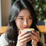 디카페인커피를 마시고 있는 아름다운 20대 긴머리 한국인 여성2