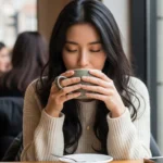 디카페인커피를 마시고 있는 아름다운 20대 긴머리 한국인 여성6